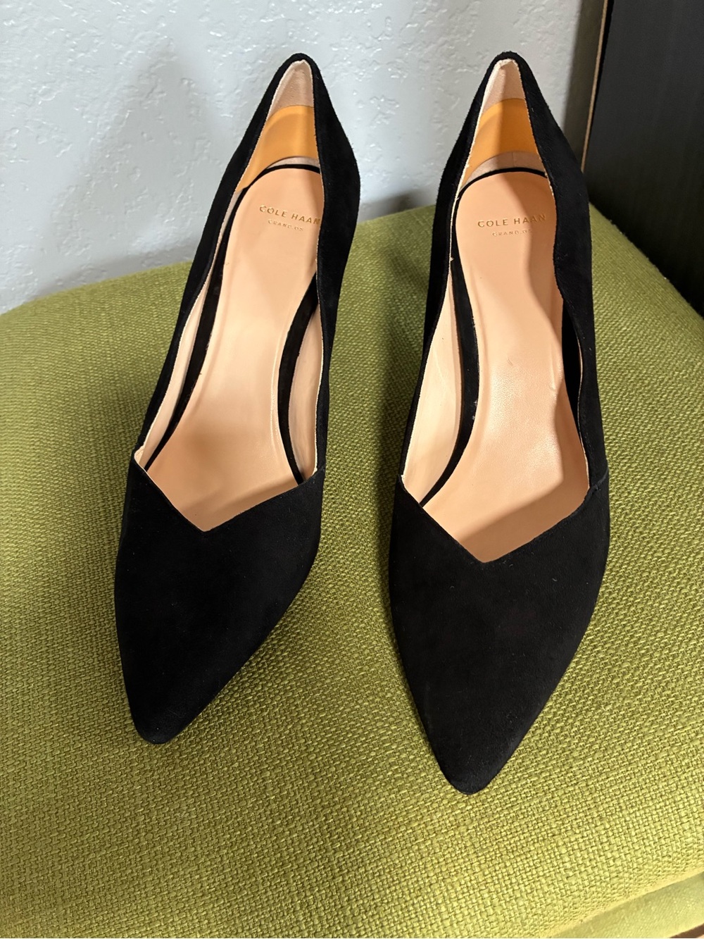 Cole Haan Black Suede Pointed Pump with V-Cut - Picture 6 of 10